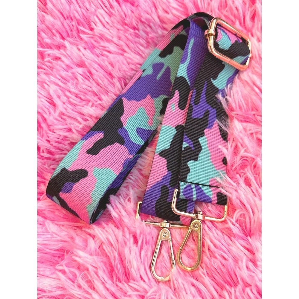 Purple, pink, blue camouflage purse strap